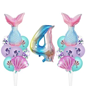Détail du kit de ballons sirène et coquillage avec chiffre 4 pour fête d'anniversaire