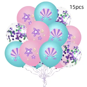 15pcs mermaid party balloon set with starfish patterns and colorful glitter confetti