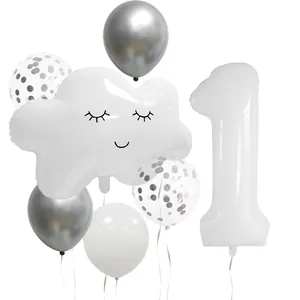 White Cloud Smile Face Number Balloon Kit Aluminum Foil Latex Balloon For Kids Birthday Party Decoration White Silver