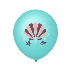 Detail of light blue mermaid latex balloon with pink shell and purple starfish print