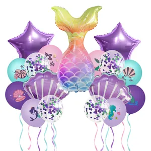 Mermaid party balloon set with fishtail, stars, shells and printed latex balloons
