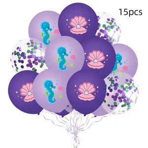 Detailed set of 15pcs mermaid themed balloons with shell prints and colorful sequins