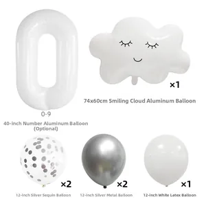 Detail set of white 40-inch number balloon with cloud smiley and silver latex balloons