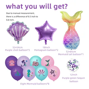 Detailed mermaid party balloon set with tail star shell shapes and printed latex balloons
