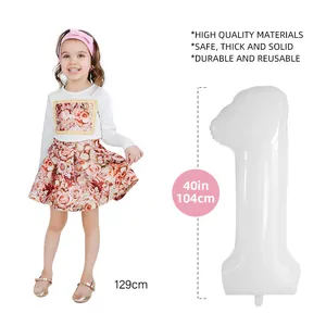 White 40-inch number 1 foil balloon shown next to a child for size reference