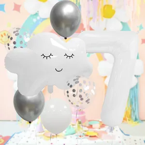 Cloud smiley face balloon set with large number 7 and silver confetti latex balloons