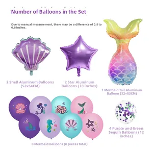 Detailed view of mermaid party balloon set including shell, star, and tail foil balloons