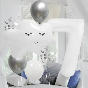 White cloud and number 7 balloon set with silver latex and confetti party decorations