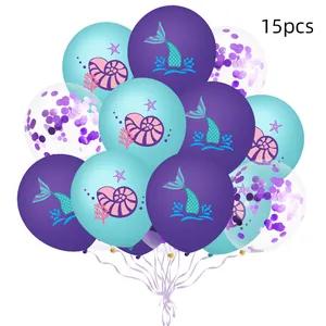 Détail de 15 ballons sirène avec motifs de coquillages et confettis violets brillants