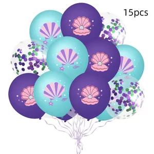 15pcs Mermaid party balloon set with shell and starfish patterns in purple and teal