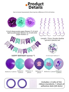 Detailed set of mermaid birthday decorations including purple balloons and paper flowers