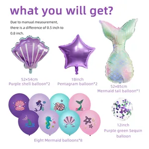 Detail set of mermaid party balloons featuring shell star tail foil and printed latex balloons
