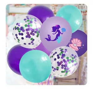 Detail of mermaid party balloon kit with purple, teal and sequin latex balloons