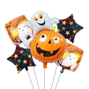 Detail of Halloween balloon set featuring pumpkin, ghost, and stars on support sticks