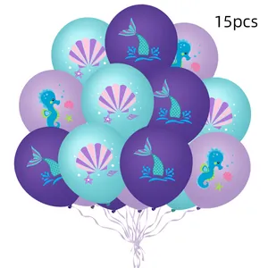Lot de 15 ballons sirène en latex violet et turquoise avec motifs marins pour anniversaire