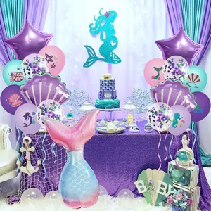 Detail of mermaid party balloon set with foil sea shells, tail, and glitter latex balloons
