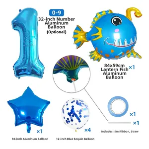 Ocean theme balloon set with blue number, anglerfish foil balloon and blue sequins