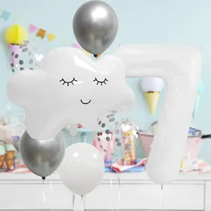 Number 7 balloon set with smiling white cloud and silver Mickey sequin decorations