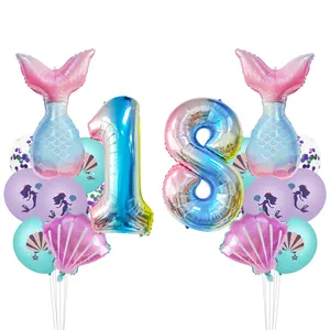 Détail du kit de ballons 18e anniversaire sirène avec queues et coquillages en aluminium