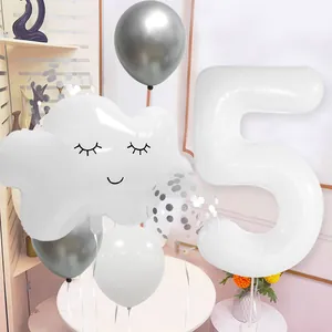 Number 5 white balloon set with smiling cloud and silver confetti latex decorations