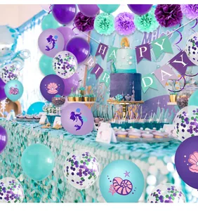 Mermaid birthday party decor set with purple balloons and happy birthday banner