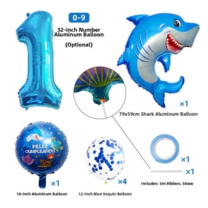 Detail of blue shark balloon and 32 inch number balloon set for ocean birthday party