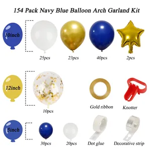 Components of 154-piece navy blue balloon arch kit with stars and latex balloons