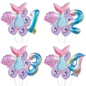 Set di Palloncini per Feste a Tema Sirena Sfumatura Arcobaleno Numero Foil Conchiglia Palloncini in Lattice per Decorazione Compleanno Ragazze