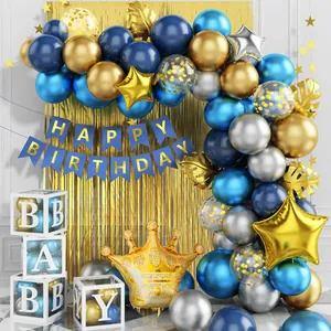 Navy Blue Gold Star Birthday Party Decoration Balloon Arch Happy Birthday Banner Foil Crown Star Balloons Rain Curtain