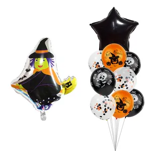 Halloween balloon set with green witch foil balloon and orange pumpkin latex balloons