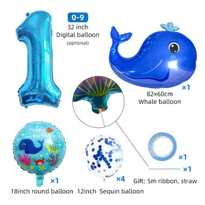 Blue whale theme birthday party balloon set with number one and sequin balloons