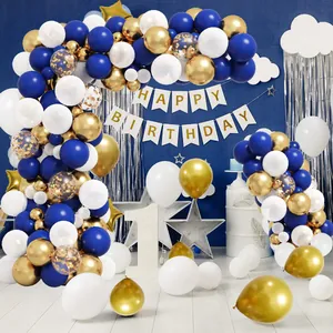 Navy blue and gold balloon garland kit with Happy Birthday banner for party decor