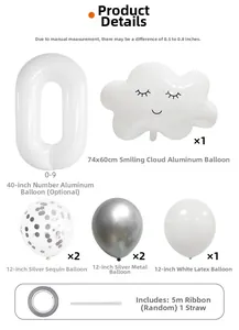 Detailed grid layout of silver number balloon set with white cloud and confetti balloons