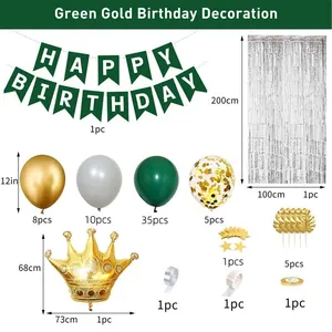 Dettaglio del set compleanno verde e oro con palloncini e palloncino a corona foil