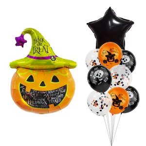 Halloween balloon set featuring a wizard pumpkin foil balloon and festive latex balloons