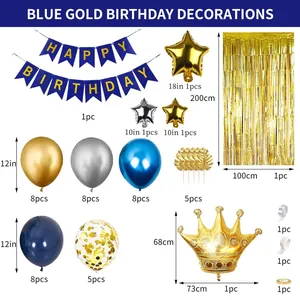 Detailed view of blue and gold birthday party set including balloons and foil fringe curtain
