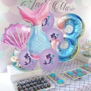 Set festa sirena con palloncino a coda sfumato e numero 3 per compleanni bimba