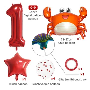 Ocean party balloon kit with red 32 inch number one crab and confetti balloons