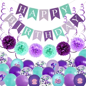 Mermaid Birthday Party Decoration Set Purple Teal Paper Pom Poms Latex Balloons Swirls Happy Birthday Banner For Girls