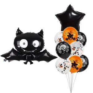 Halloween balloon set with giant black bat foil balloon, orange pumpkin and skull latex balloons