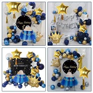 Navy blue and gold 1st birthday party balloon arch set with star and crown foil balloons