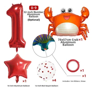 Detail view of ocean-themed balloon set with red number, cartoon crab, and confetti latex