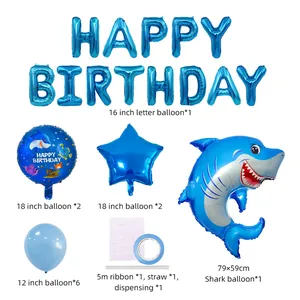 Kit de cumpleaños de tiburón azul con globos de letras, estrellas y motivos marinos