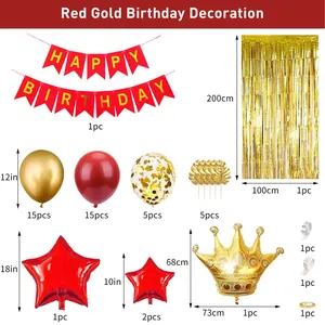 Set completo di decorazioni di compleanno rosso e oro con palloncini, corona e banner