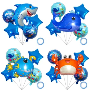 Ocean Sea Animal Theme Aluminum Foil Balloon Shark Whale Crab Star Happy Birthday Party Decoration Kids Birthday Gift