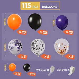 115pcs Halloween balloon arch kit with orange, purple, and black sequins for party decor