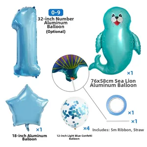 Details of sea lion foil balloon set with blue number 1 and confetti latex balloons
