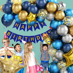 Blue and gold birthday party set with balloon arch, star foil balloons and banner