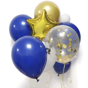 Navy blue, white and gold balloon garland kit with metallic star and confetti balloons