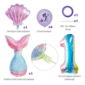 Dettaglio kit palloncini sirena con conchiglia, coda e grande numero 1 sfumato colorato